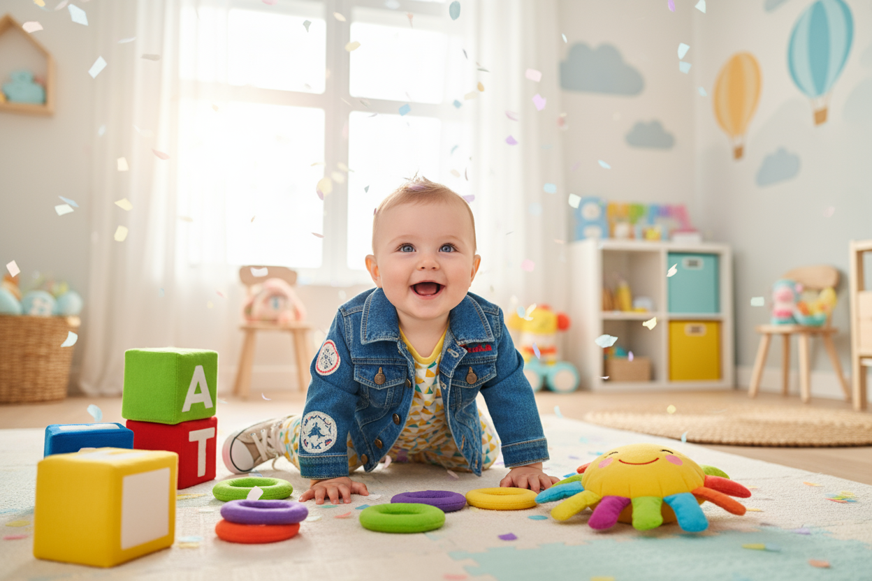 happy baby in fashionable clothing playing with toys, make it smaller than usual maybe 600px width